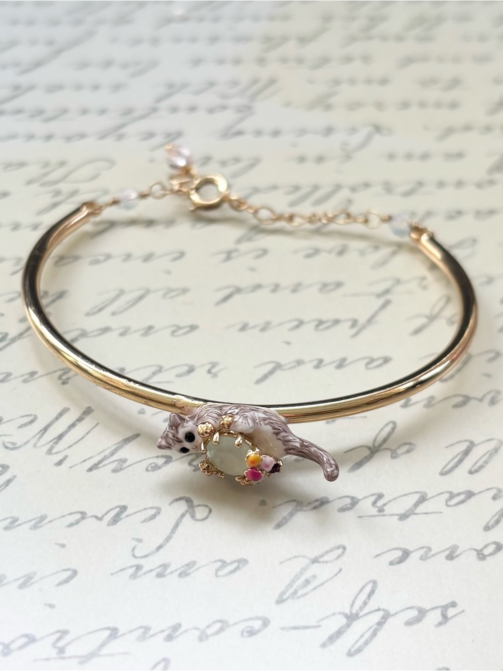 Les Nereides Paris Hand Painted Enameled Cat Bangle Bracelet
